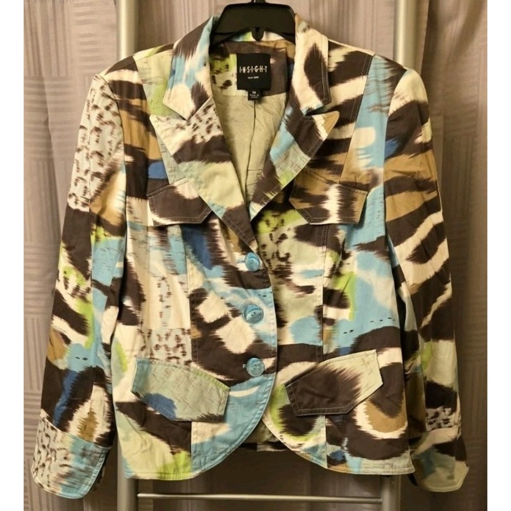 Insight Jacket Womens Sz 14 Green Turqoise Brown Abstract Feminine Blazer